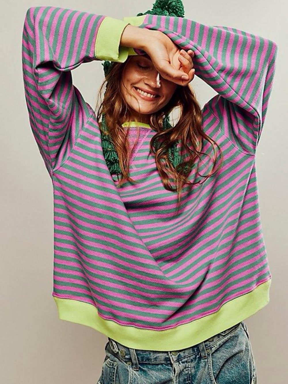Free People Striped Crewneck | Pink and Green Combo | XS
